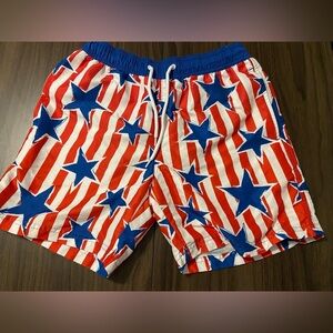 Mad Engine Men’s Small Patriotic Blue and Red Star Swim Trunks